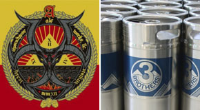 Apocalypse Ale Works logo, left, and Three Brothers Brewing kegs
