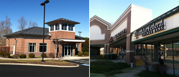Franklin Federal Savings Bank is moving to a former Union First Market Bank branch on Bell Creek Road, left, from its location at Hanover Square Shopping Center.