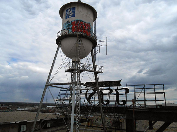 The water tower atop the former factory. (Photos by David Larter) 