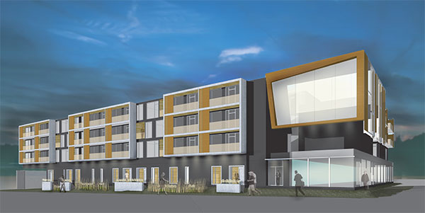 A rendering of the planned 75,000-square-foot Port RVA apartment building. (Courtesy of SMBW)