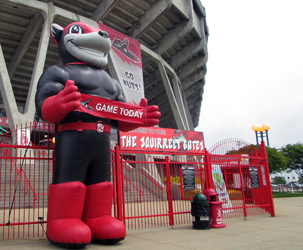 A larger-than-life Nutzy outside the Diamond's "Squirrely Gates." (Photo by Michael Schwartz)