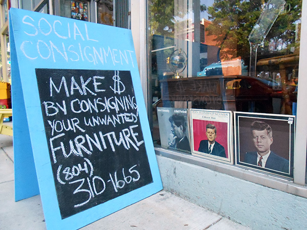 The Kennedy-themed display at Social Consignment on West Broad.