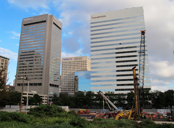 One James Center, right, overlooks the Gateway Plaza construction site. (Photos by Burl Rolett)