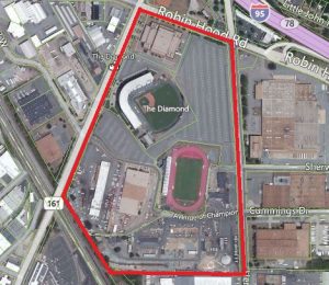 The city would own the entire area in red, with the exception of the Sports Backers Stadium just south of the Diamond.