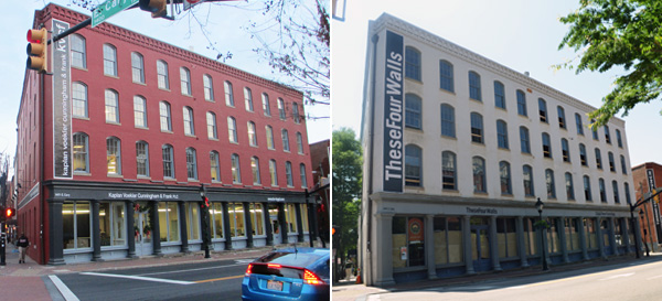 1401 E. Cary St.'s new look, left, and its previous incarnation. (RBS photos)