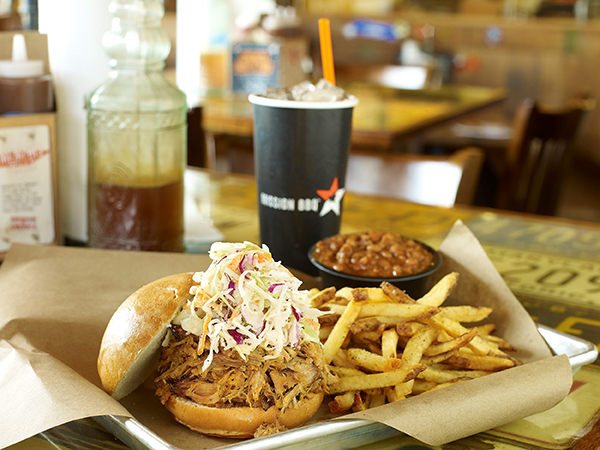 A pulled pork sandwich with fries.