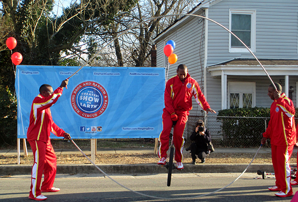The circus also sent a unicycling crew to the event.