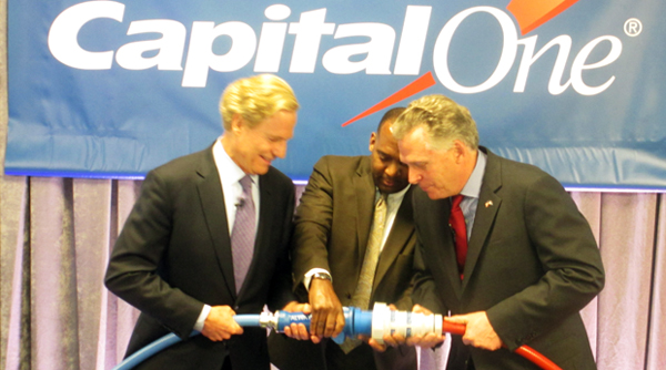 Rich Fairbank, Capital One CEO, Brian Cobb, Capital One Managing Vice President, Information Technology, Terry McAuliffe, Governor. (Photo by Burl Rolett). 