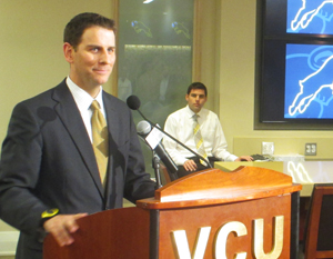 VCU's Associate Athletic Director for External Affairs Robby Robinson announcing the new logo schemes. 