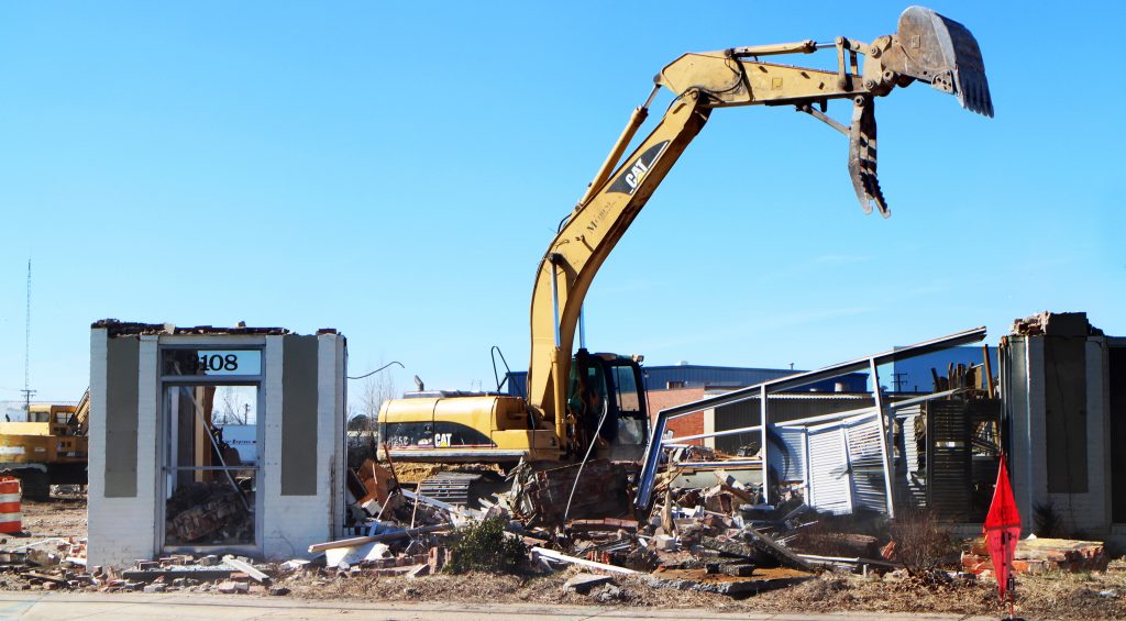 Demolition of the Shenandoah Shutters building in full swing about two weeks ago. Photo by Katie Demeria.