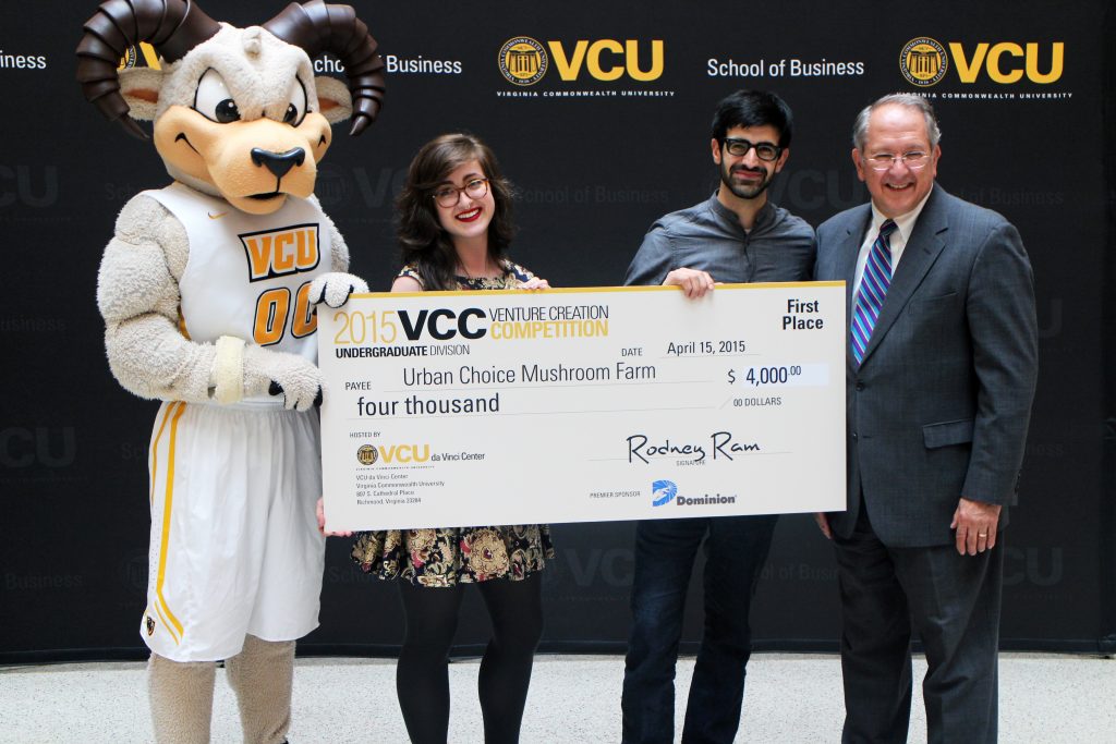 VCU Venture Creation Competition undergraduate winners Lindsay Hawk and Jake Greenbaum with VCU Vice President of Research Frank Macrina. Photos by Michael Thompson.