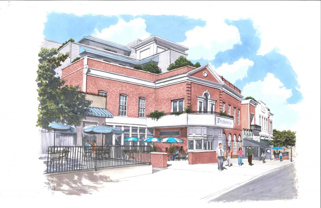 Plans for the Westhampton Theater property call for an additional two floors set back from the street. Renderings courtesy of Jason Guillot.