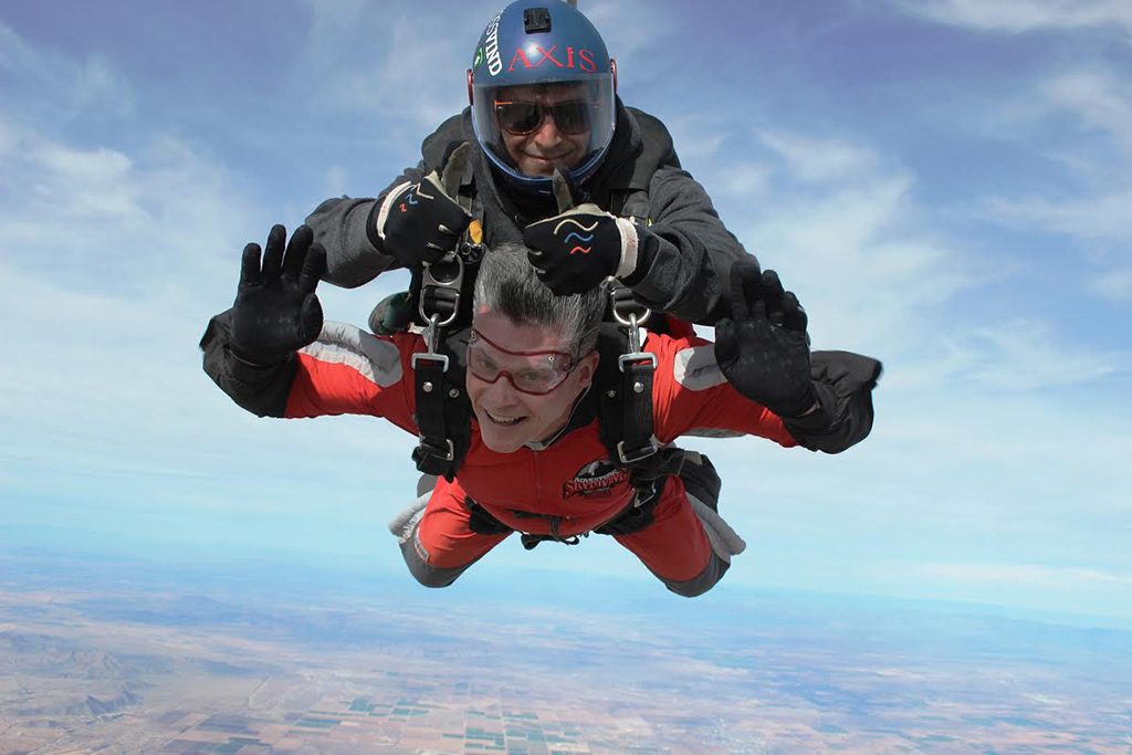Nyfeler on one of his skydiving trips. 