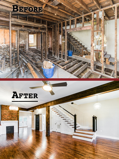 The basement of a home before and after renovations.