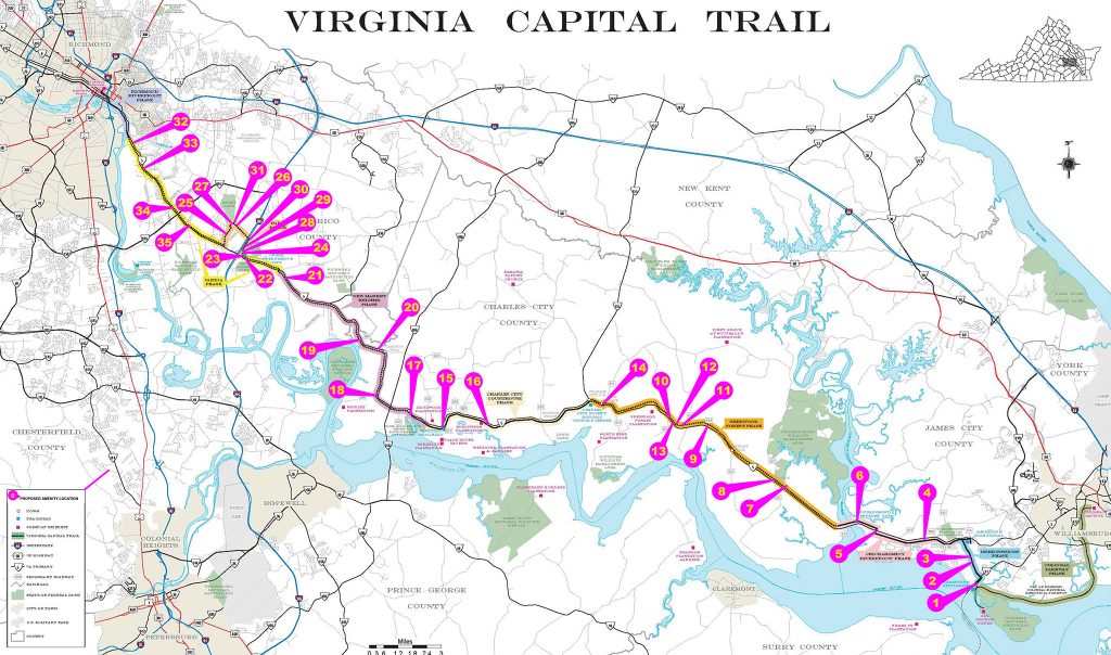 Pink markers indicated locations of planned amenities on the Virginia Capital Trail. (Courtesy Virginia Capital Trail Foundation)