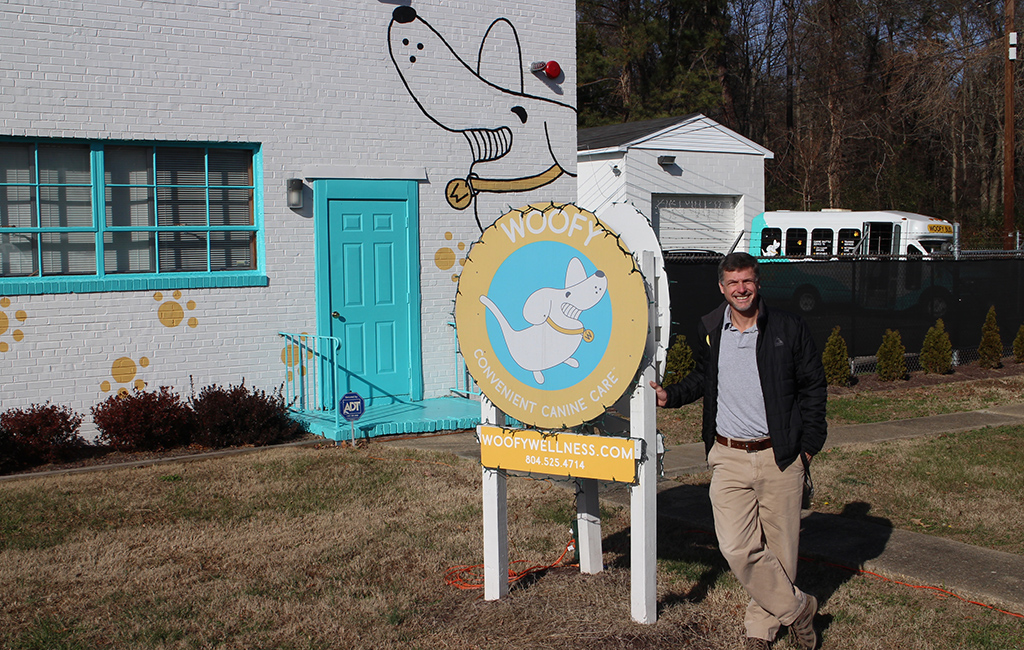 Jeff Kellogg outside the Woofy Wellness dog care center in Sandston. (Mike Platania)