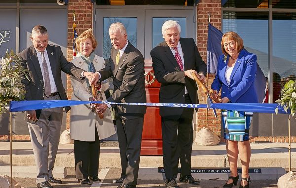 Officials unveil the Libbie Mill branch. From left: Jim Vithoulkas, Henrico County Manager; Joan Glover; Brad Booker, VP at TowneBank Richmond; Morgan Davis, TowneBank President; and Tracy Wolinski. (Courtesy TowneBank)