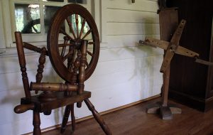 Some of the spinning wheels that fill Margaret Hardy's farmhouse. (Jonathan Spiers)
