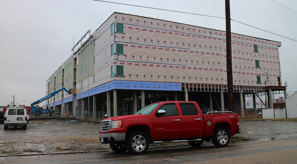 Construction is underway at the Port RVA apartments at 5th and Hull streets.