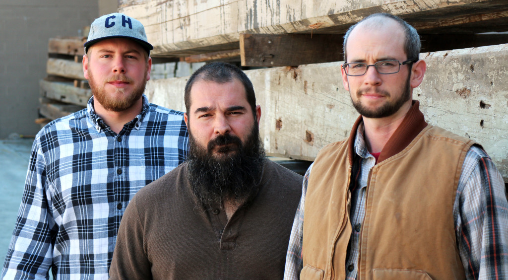 From left: Corey West, Zachary Jester and Tyler Burke of ClawHammer Co., who are raising money online for a speaker system made with reclaimed wood. Photo by Michael Thompson.