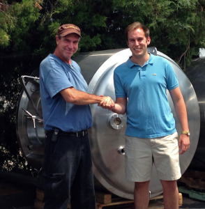 Correll, pictured with Legend Brewing Co. founder Tom Martin, bought equipment from the longtime Richmond brewery to get off the ground. Photo courtesy of Bruskey Cidery.